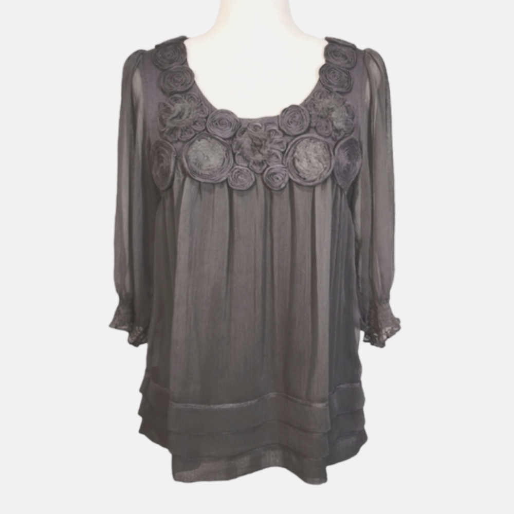 ICE Boho Babydoll Chiffon Rosette Tiered Hem Swing 3/4 Sleeve Pullover Blouse S